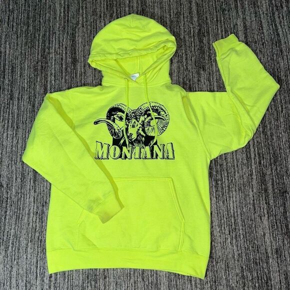 Port and Company Other - Mens Medium “Montana” Big Ram Graphic Hoodie‎ Sweatshirt Neon Green Safety